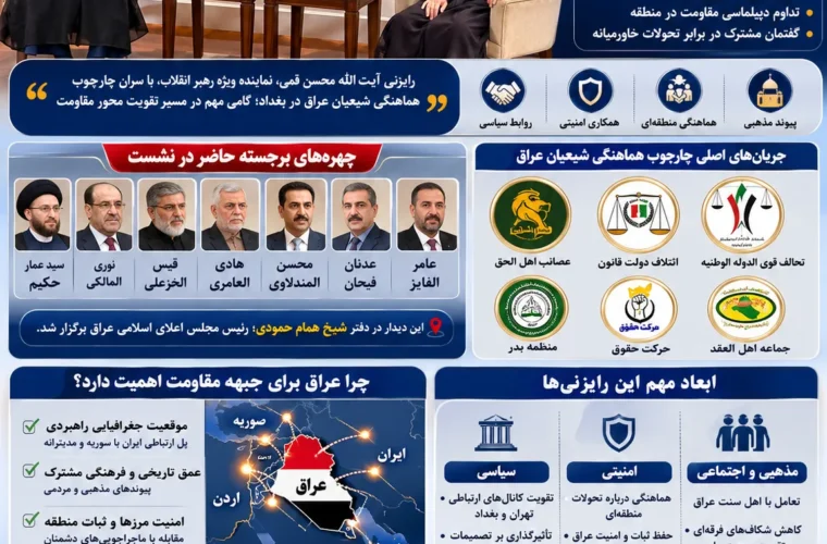 اینفوگرافیک:دیدار چارچوب هماهنگی شیعیان عراق با نماینده رهبر انقلاب ایران ؛ بغداد در معادلات جبهه مقاومت